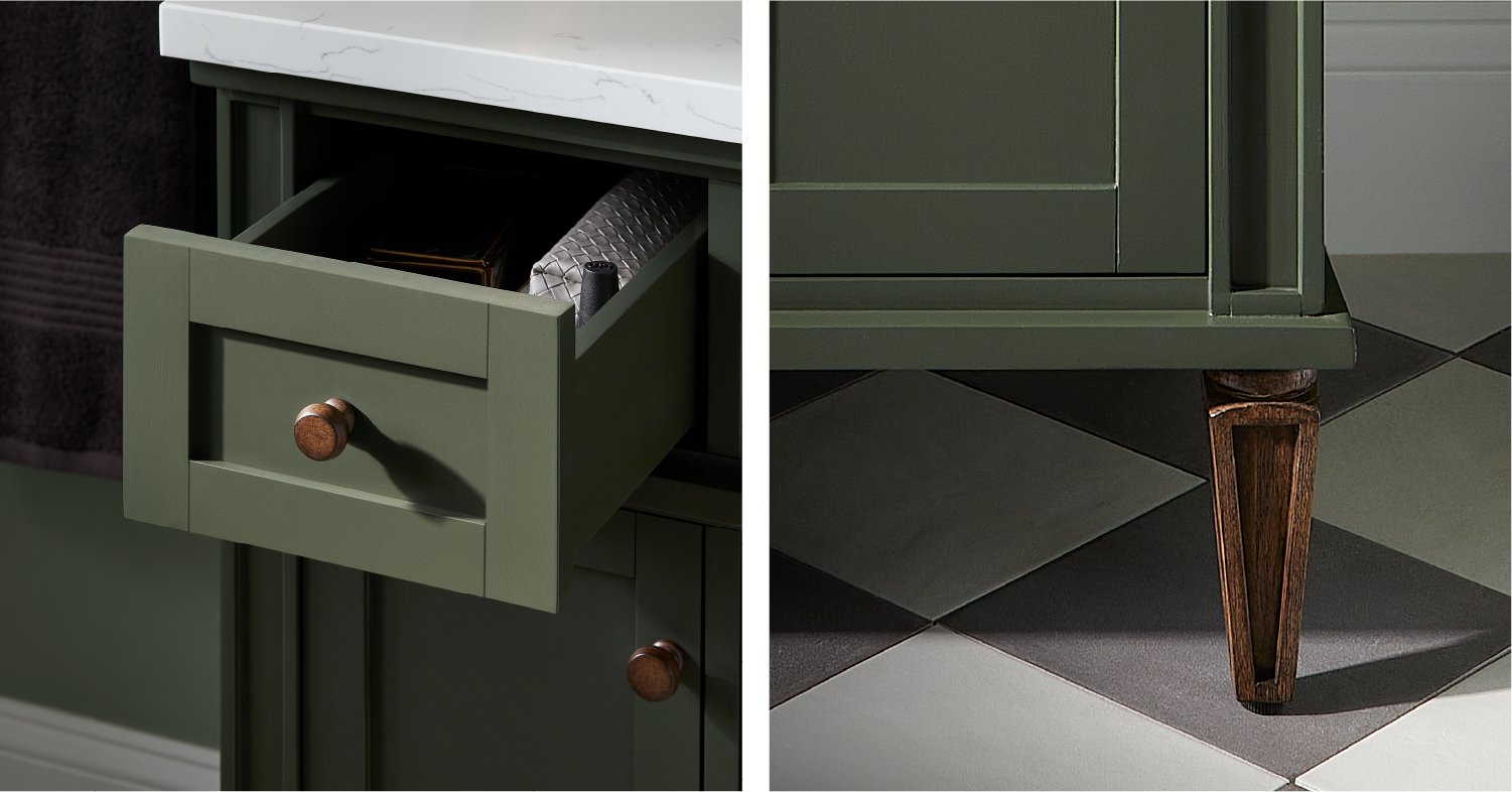 Closeup of Elmdale Vanity with Rectangular Undermount Sink - Dark Olive Green