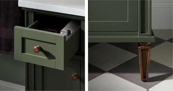 Closeup of Elmdale Vanity with Rectangular Undermount Sink - Dark Olive Green