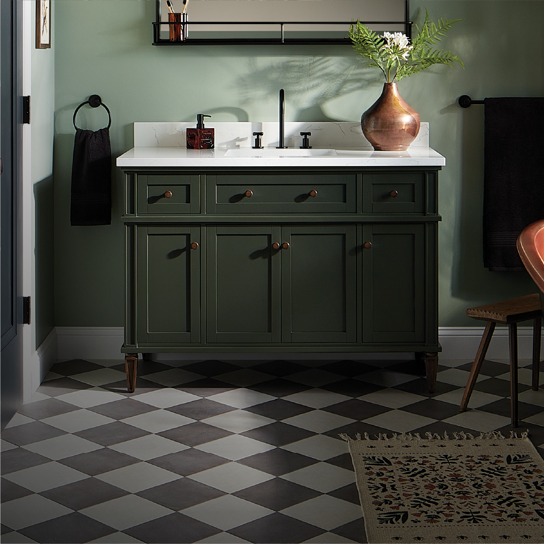 Expressive Eclectic Bathroom - Ayanna Vanity, Lentz Bathroom Faucet, Toilet Paper Holder in Matte Black, Brinstead Toilet