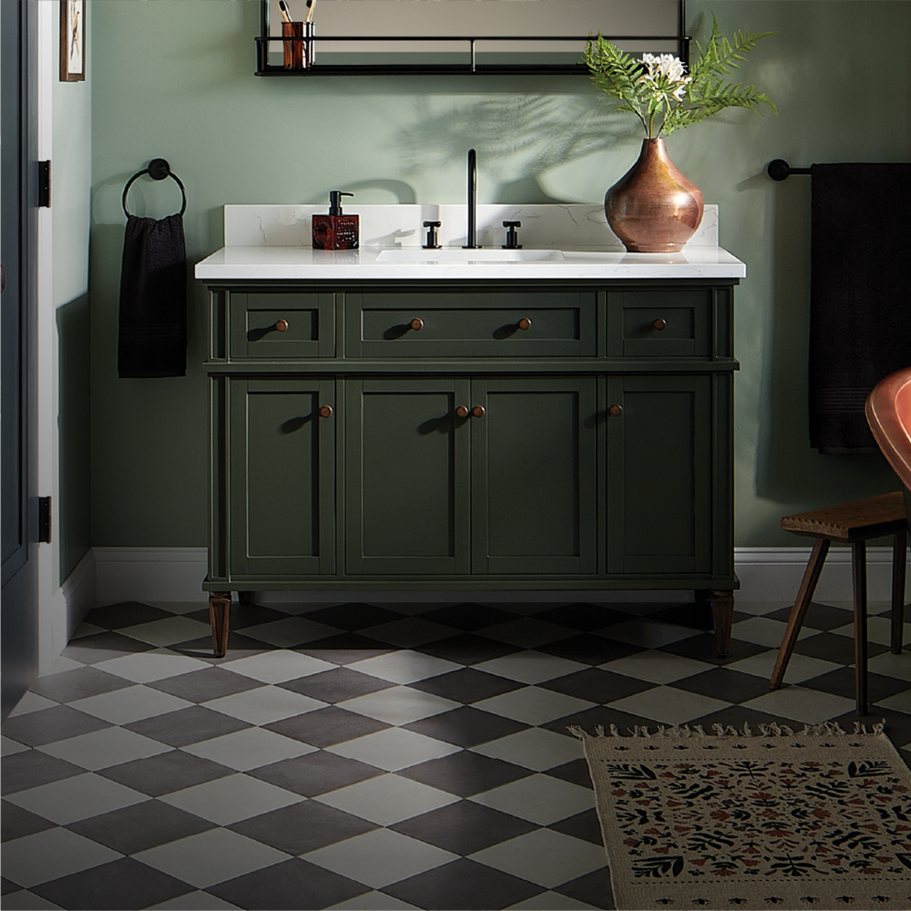Expressive Eclectic Bathroom - Ayanna Vanity, Lentz Bathroom Faucet, Toilet Paper Holder in Matte Black, Brinstead Toilet