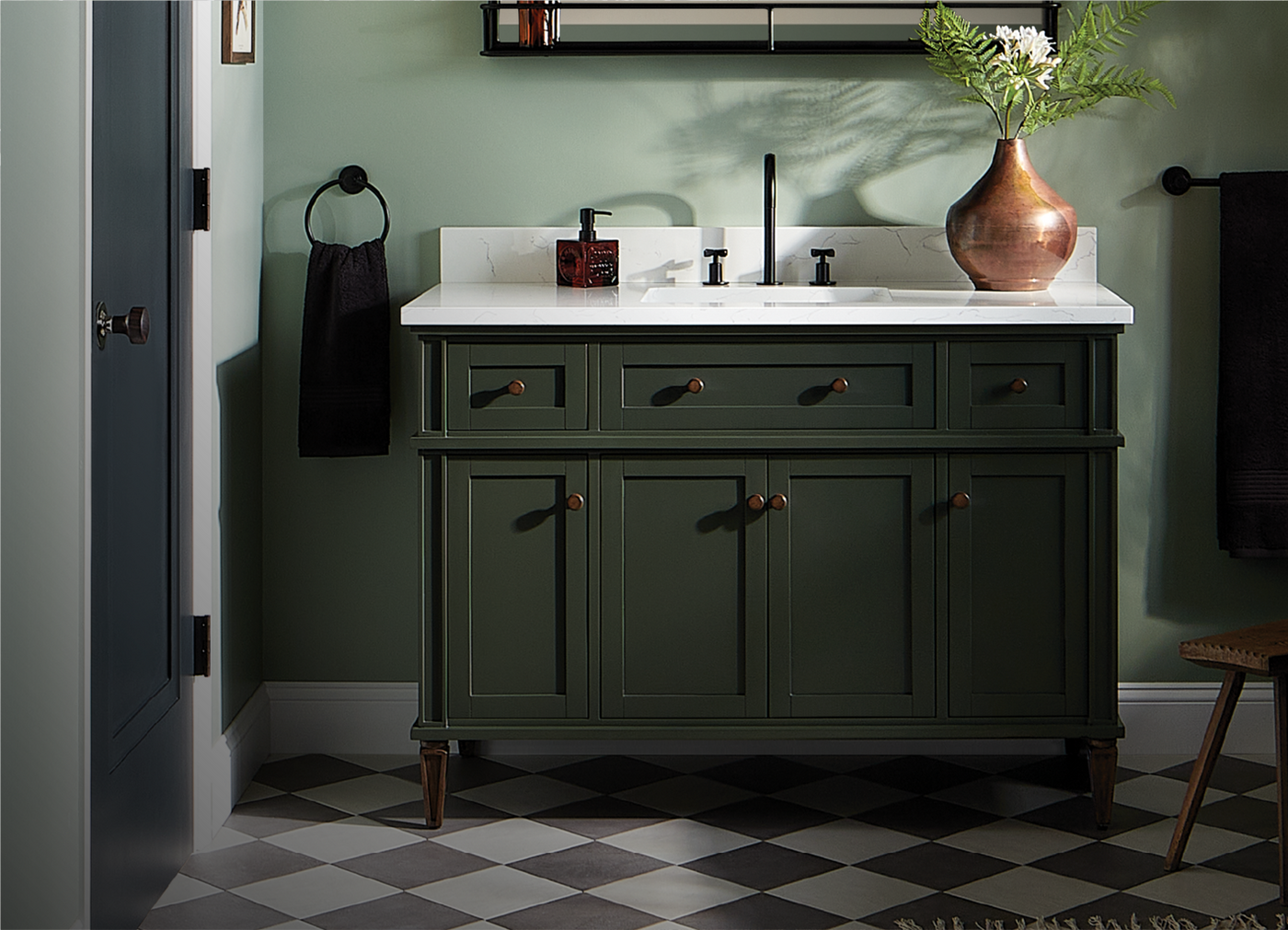 Moody Earth Centric Bathroom - Elmdale Vanity in Olive Green, Vassor Bathroom Faucet, Lexia Towel Ring, Towel Bar in Matte Black