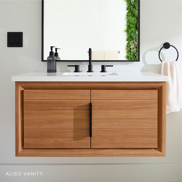 Aliso Narrow Wall-Mount Vanity with Rect Undermount - Outlets - Natural Teak