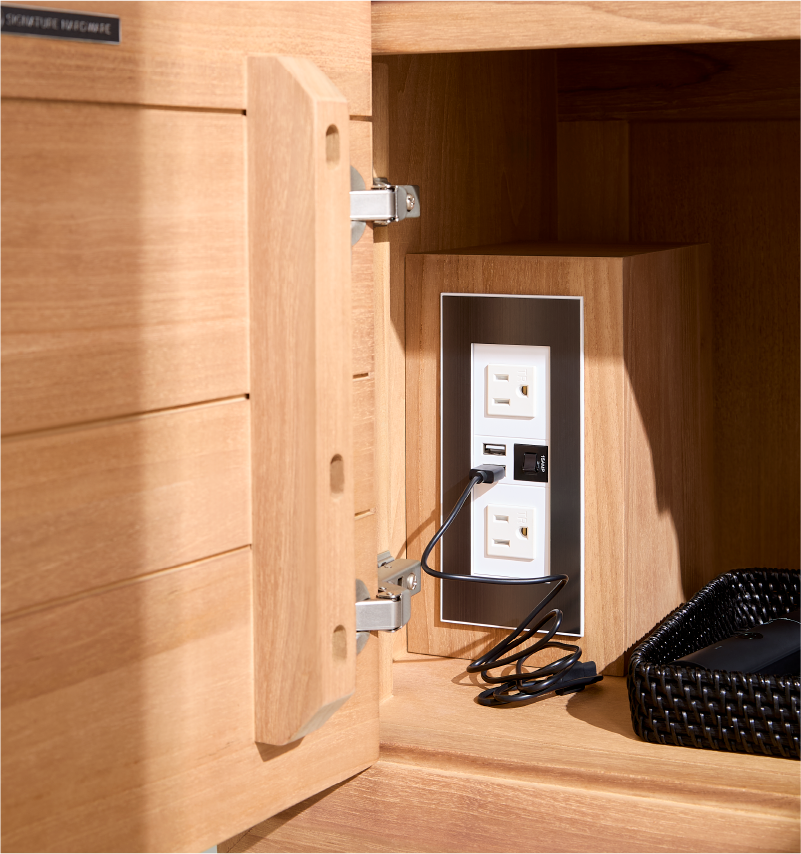 Closeup of Aliso Narrow Wall-Mount Vanity with Rect Undermount - Outlets - Natural Teak