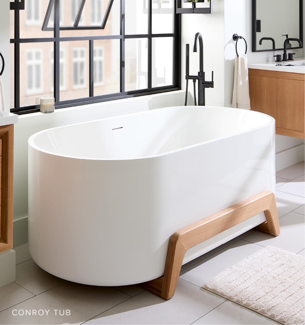 Conroy Acrylic Freestanding Tub with Wood Stand - Natural Teak