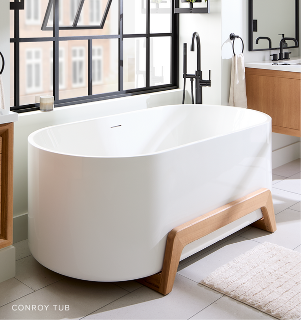 Conroy Acrylic Freestanding Tub with Wood Stand - Natural Teak