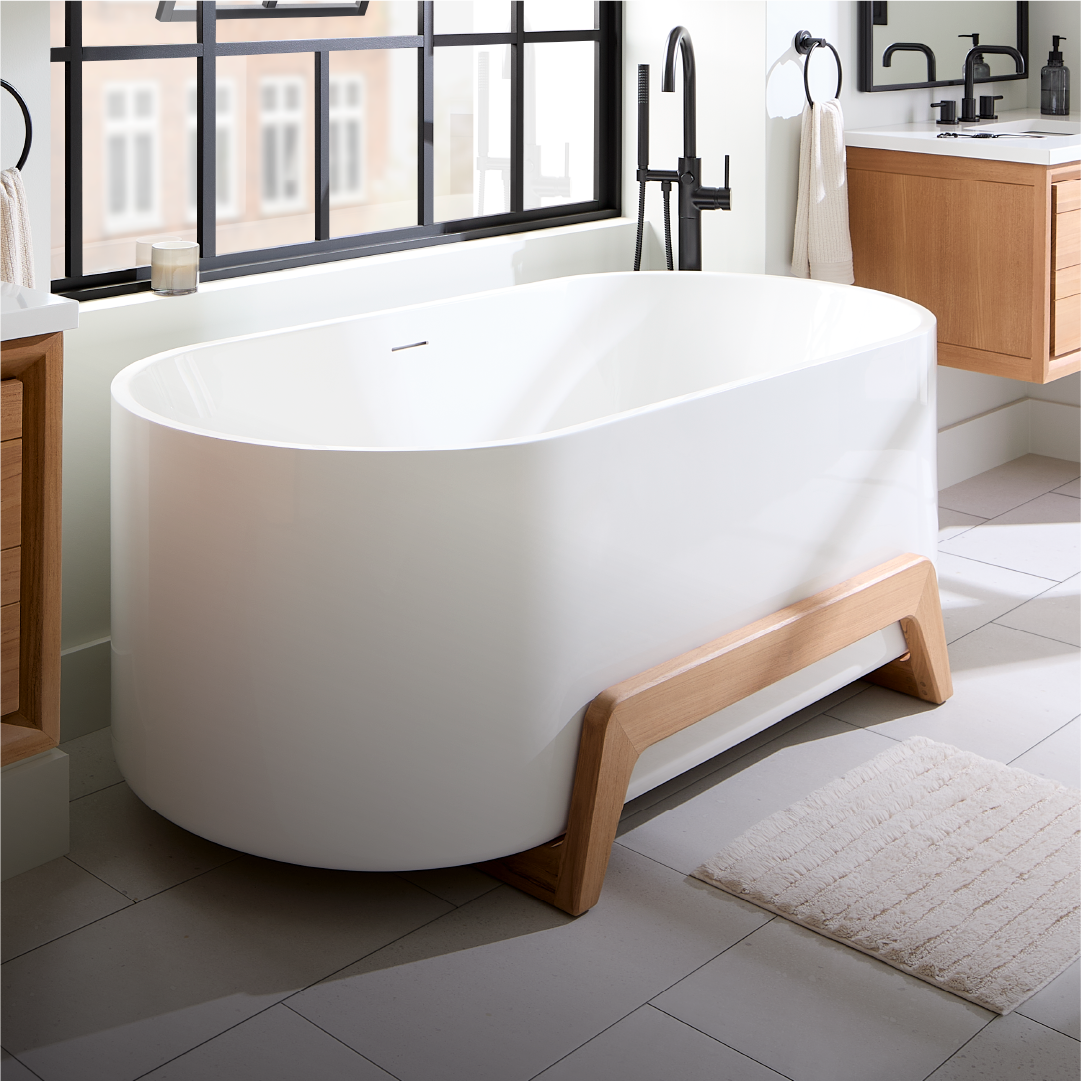 Industrial Japandi Bathroom - Conroy Tub, Lexia Tub Faucet, Bathroom Faucet, Towel Ring - Matte Black