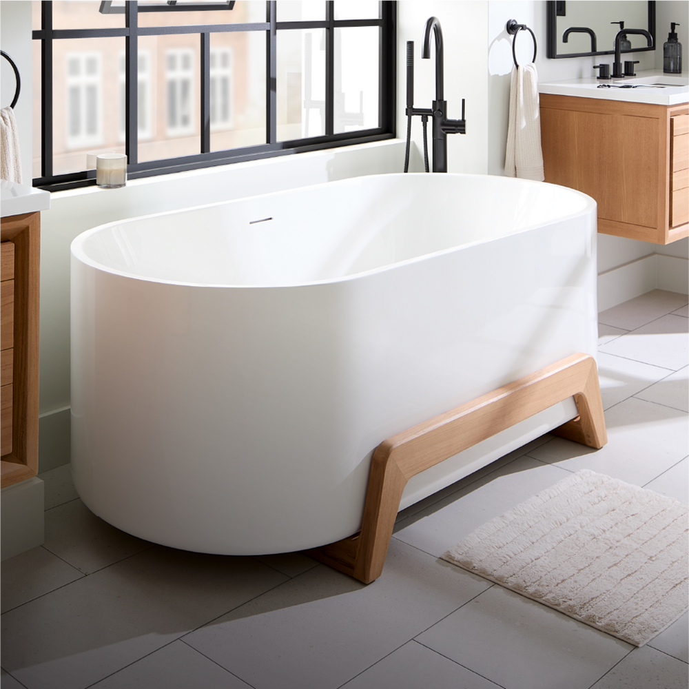 Industrial Japandi Bathroom - Conroy Tub, Lexia Tub Faucet, Bathroom Faucet, Towel Ring - Matte Black