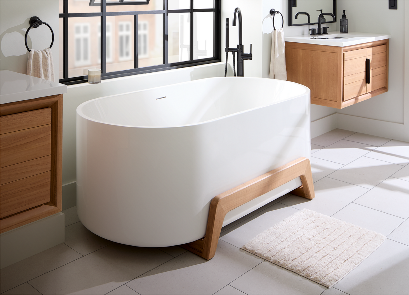 Industrial Japandi Bathroom - Conroy Tub, Lexia Tub Faucet, Bathroom Faucet, Towel Ring - Matte Black