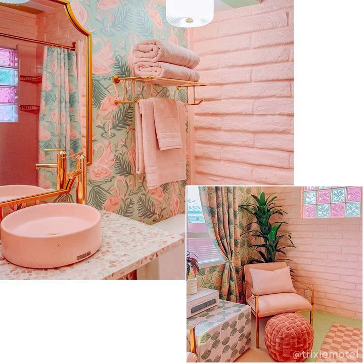 Trixie Motel Pink Flamingo Suite with Ceeley Towel Rack in Polished Brass, Ulric Decorative Vanity Mirror in Gold Powder Coat
