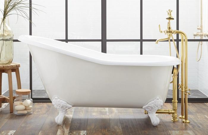 57" Erica Cast Iron Clawfoot Tub with Imperial Feet with Tub Drain in Brushed Gold