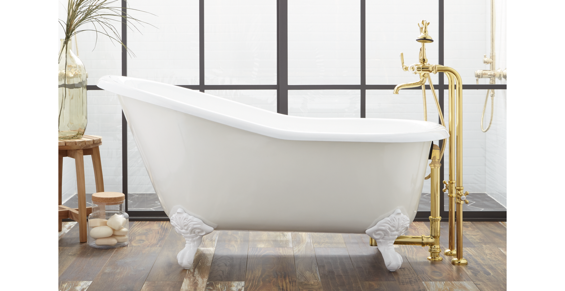 57" Erica Cast Iron Clawfoot Tub with Imperial Feet with Tub Drain in Brushed Gold