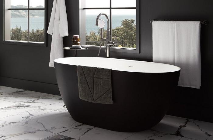 59" Catino Solid Surface Freestanding Tub in Matte Black & Greyfield Freestanding Tub Faucet in Gunmetal for bathtub essentials