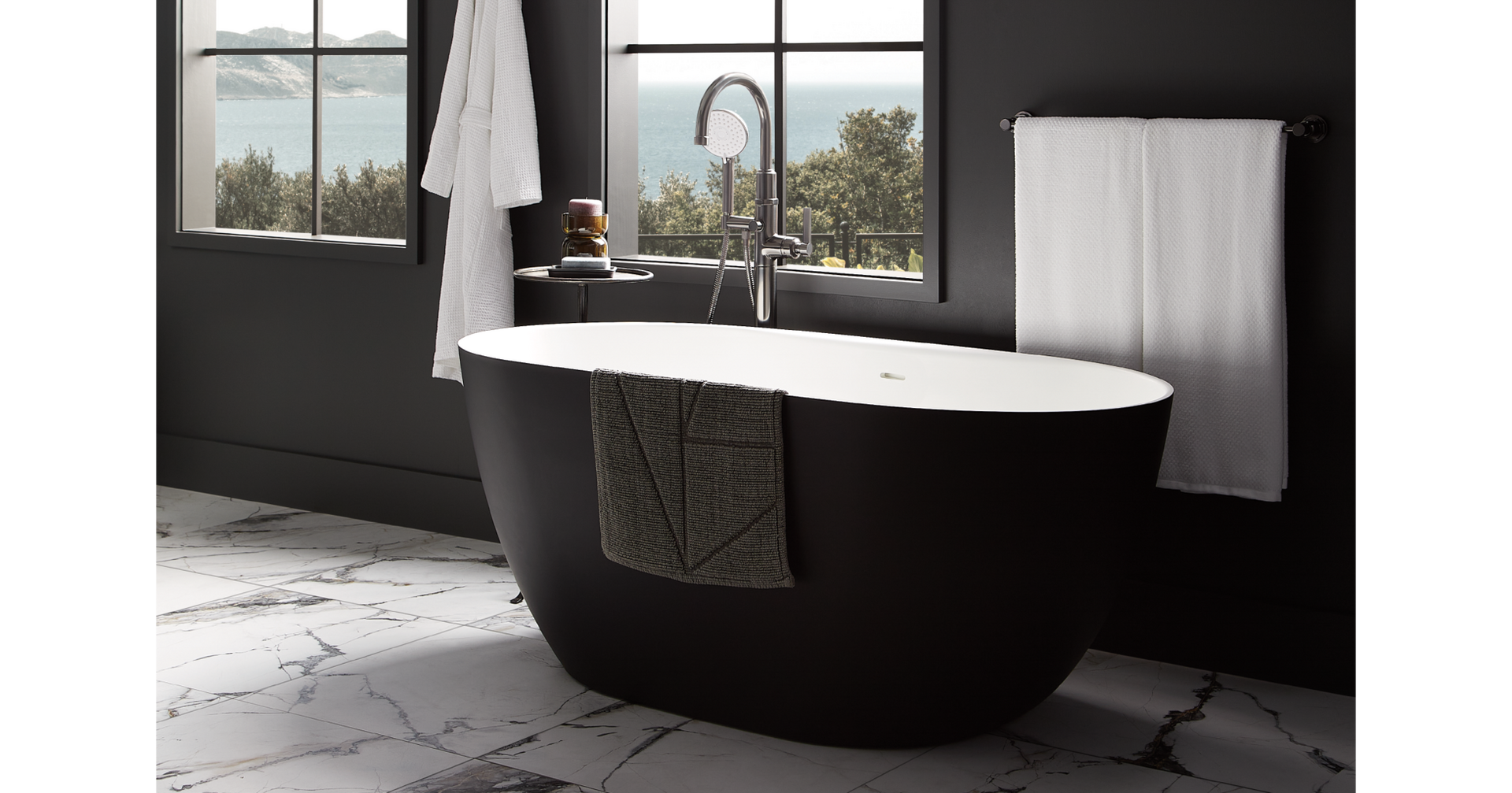 59" Catino Solid Surface Freestanding Tub in Matte Black & Greyfield Freestanding Tub Faucet in Gunmetal for bathtub essentials