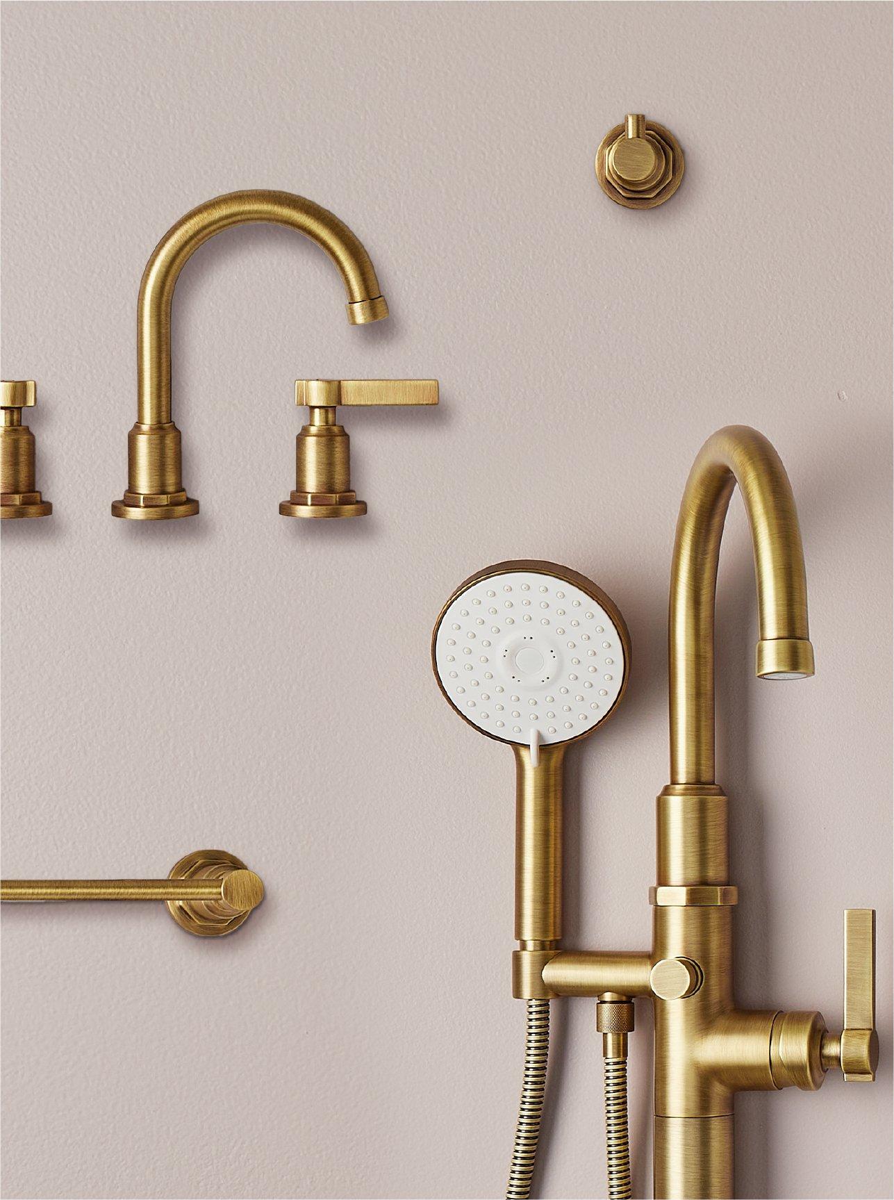 Greyfield Freestanding Tub Faucet, Widespread Bathroom Faucet, Towel Bar, Robe Hook in Aged Brass