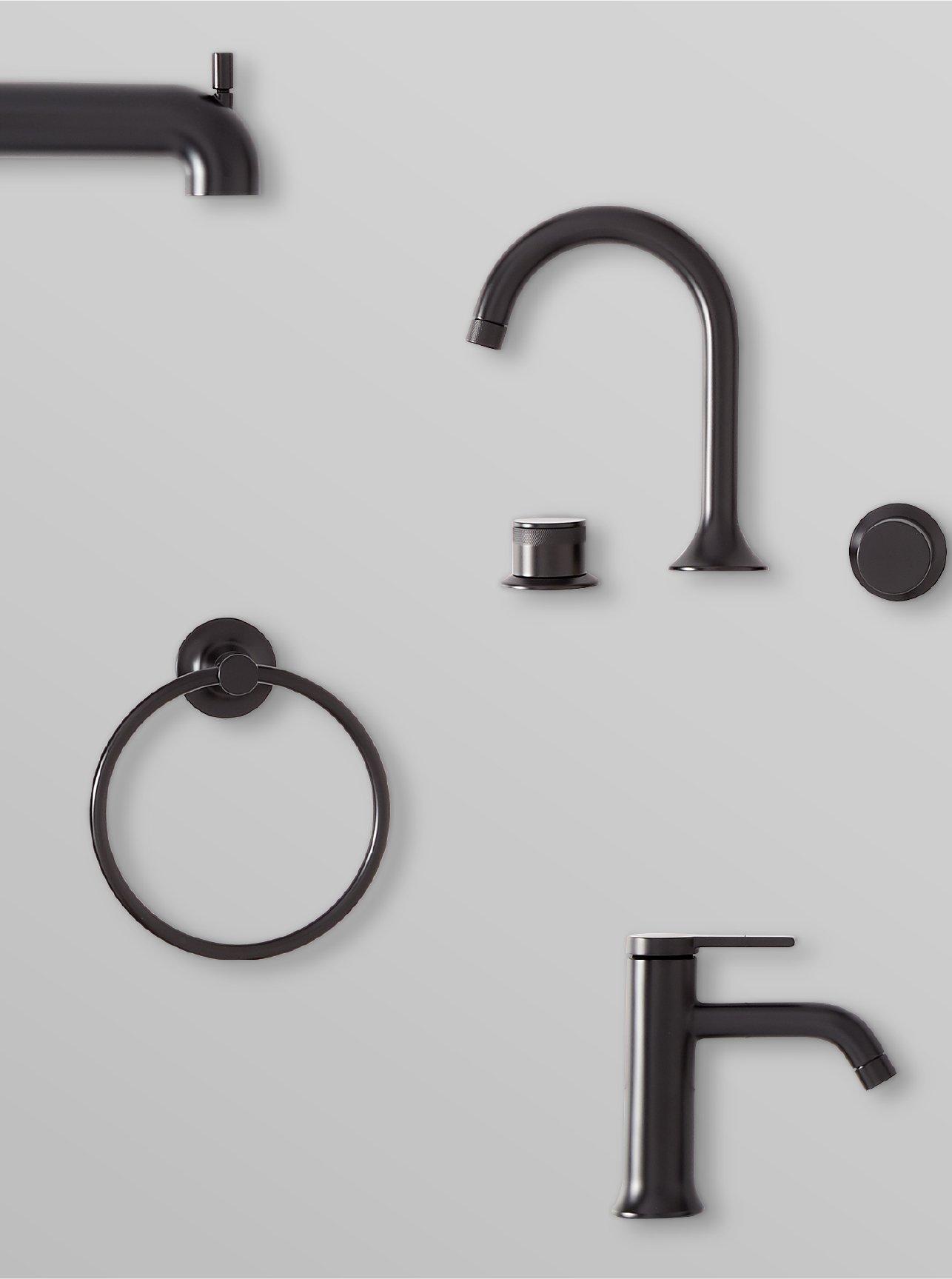 Lentz Single Hole Faucet, Widespread Bathroom Faucet, Towel Ring, Tub Filler in Matte Black