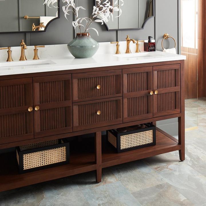 Bathroom vanity buying guide - 60" Nikolai Vanity with Outlets - Rect Undermount Sinks - Winterland Walnut