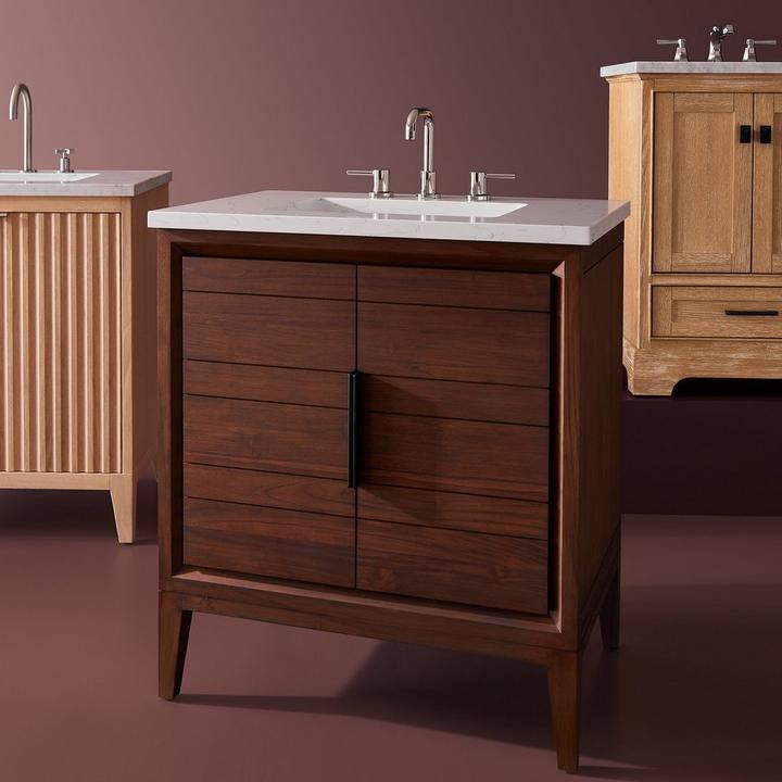 30" Aliso Teak Vanity for Rectangular Undermount - Java, 30" Bayliss Vanity - Stoneware White, 36" Quen Vanity - Driftwood Brown