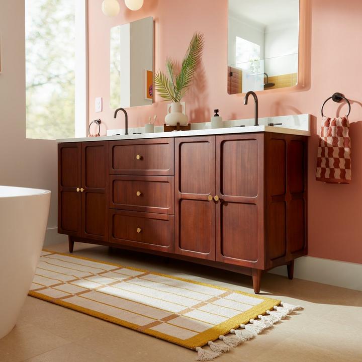 72" Delavan Vanity with Rectangular Undermount Sinks - Cold Brew, Lexia Widespread Bathroom Faucet in Gunmetal