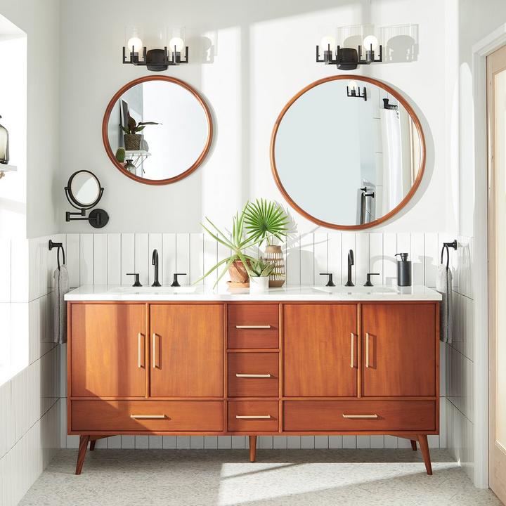 72" Novak Double Teak Vanity - Teak, Lentz Widespread Bathroom Faucet in Matte Black