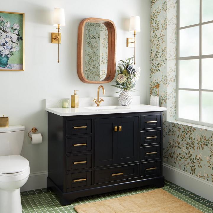 48" Quen Vanity With Rectangular Undermount Sink - Midnight Navy Blue, Vassor Single-Hole Faucet in Brushed Gold