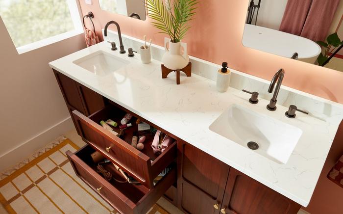 Bathroom Vanity Top Buying Guide - 72" Delavan Vanity with Arctic White Quartz Vanity Top, Lexia Widespread Faucet in Gunmetal