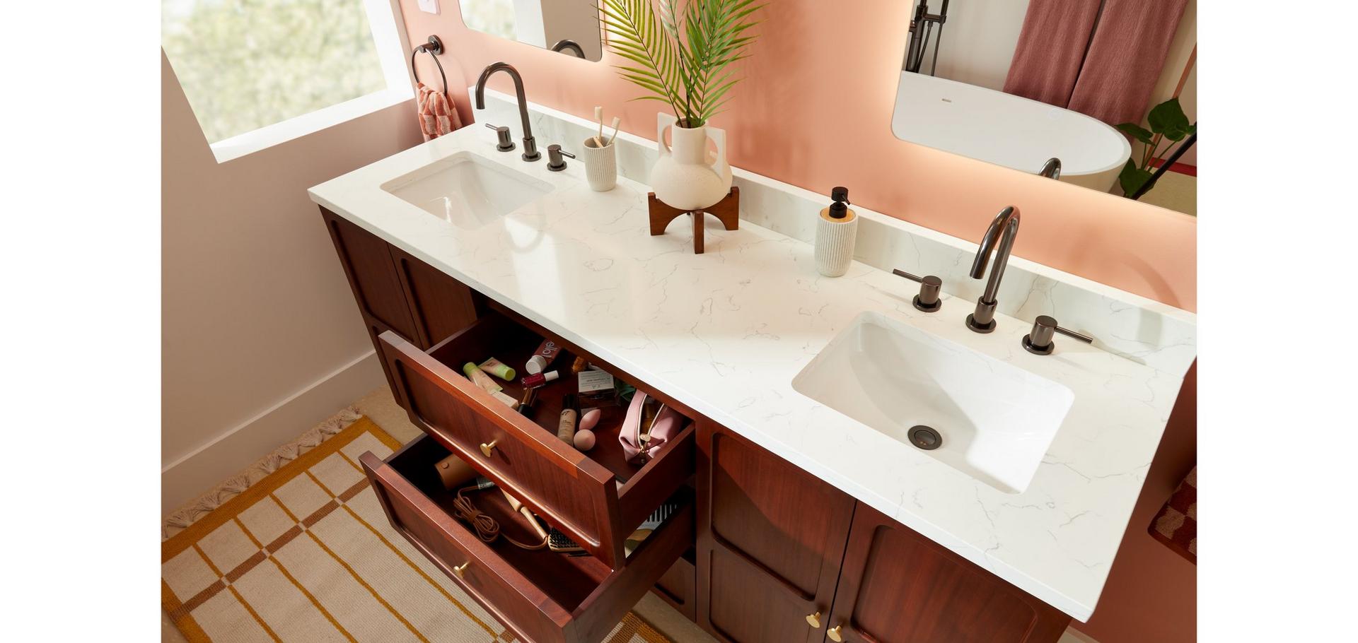 Bathroom Vanity Top Buying Guide - 72" Delavan Vanity with Arctic White Quartz Vanity Top, Lexia Widespread Faucet in Gunmetal
