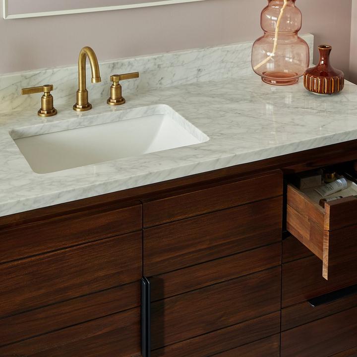 48" Aliso Teak Vanity for Left Offset Rectangular Undermount Sink in Java with Carrara Marble Vanity Top
