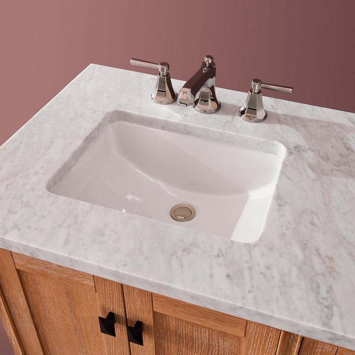 36" Quen Vanity in Driftwood Brown with Carrara Marble Vanity Top, Elita Widespread Faucet in Polished Nickel