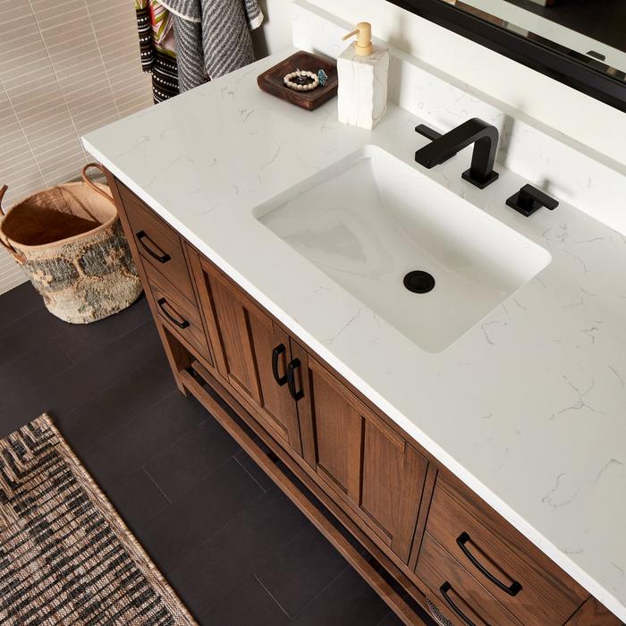 Artic White Quartz Vanity Top, Hibiscus Widespread Bathroom Faucet in Matte Black