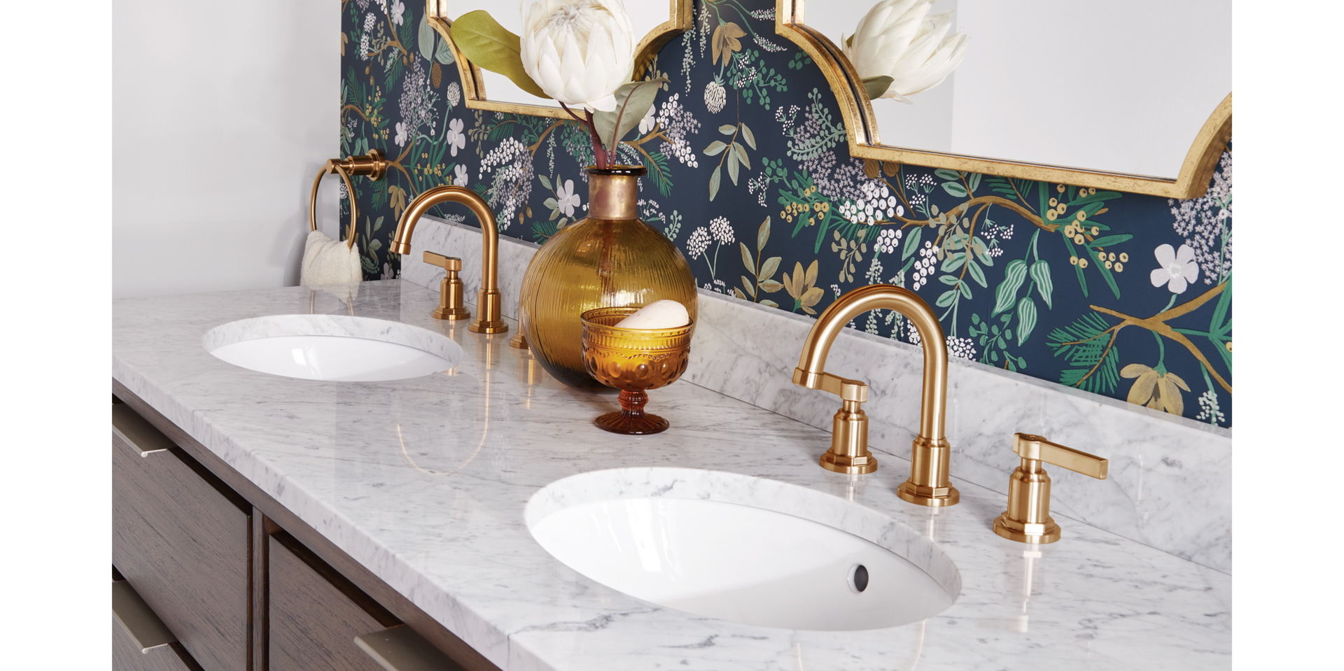 60" Hytes Mahogany Double Vanity With  - Carob Brown, Carrara Marble Vanity Top, Greyfield Widespread Faucet - Brushed Gold