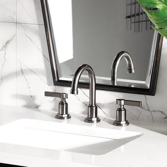 Feathered White Quartz Vanity Top, Greyfield Widespread Faucet - Gunmetal, Tenaya Hexagonal Decorative Vanity Mirror