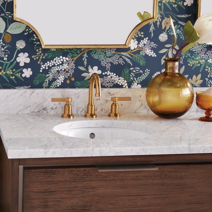60" Hytes Mahogany Double Vanity - Carob Brown, Carrara Marble Widespread vanity top, Greyfield Widespread Faucet - Brushed Gold