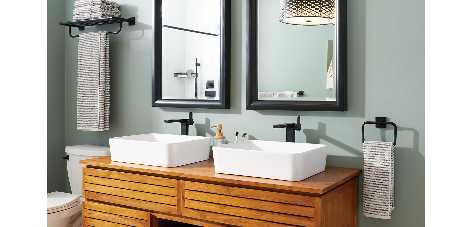 Teak bathroom vanity with wood vanity top, Hibiscus White Fireclay Vessel Sink, Hibiscus Single-Hole Vessel Faucet - matte black