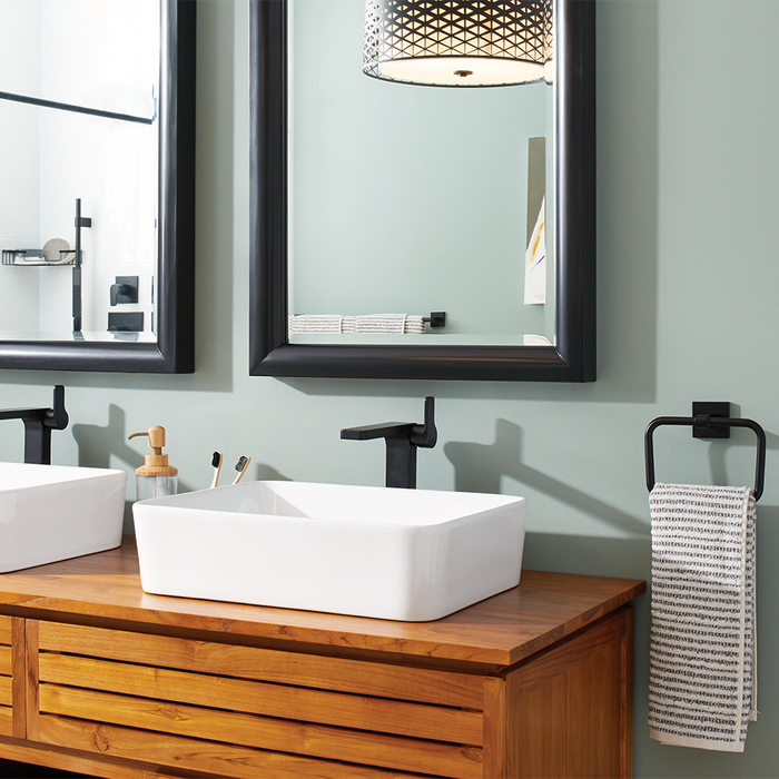 Teak bathroom vanity with wood vanity top, Hibiscus White Fireclay Vessel Sink, Hibiscus Single-Hole Vessel Faucet - matte black