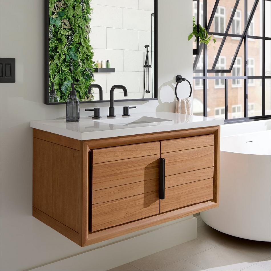 Aliso Narrow Wall-Mount Vanity with Rect Undermount - Outlets - Natural Teak