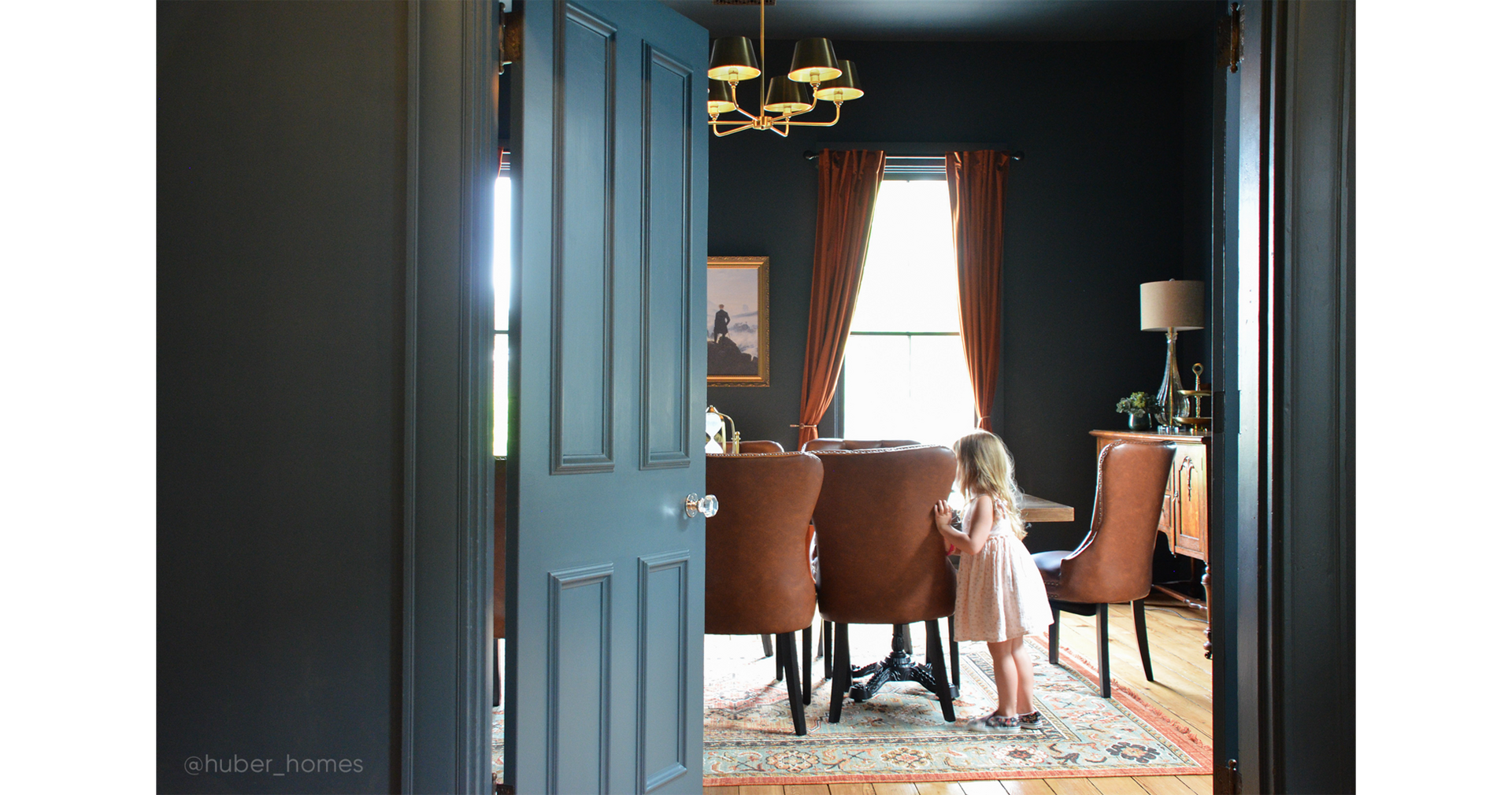 Victorian style dining room with Aged Brass Stanburn 6-Light Chandelier & Tama Solid Brass Interior Door Set in Polished Nickel