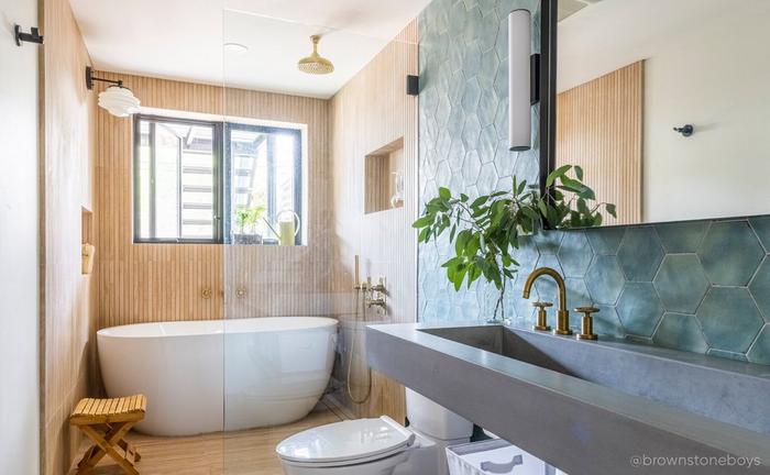 Wabi Sabi style bathroom with the 56" Boyce Acrylic Freestanding Tub