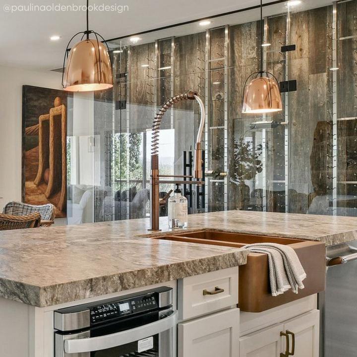 Kitchen with wabi sabi interior design with the 35" Aberdeen Double-Bowl Copper Farmhouse Sink
