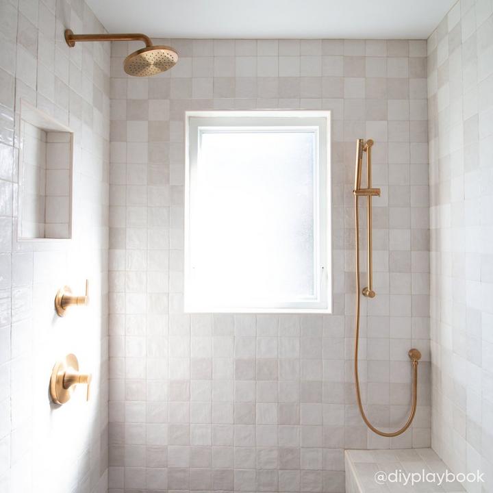 Lentz Pressure Balance Shower System With Hand Shower in Brushed Gold for wabi sabi style