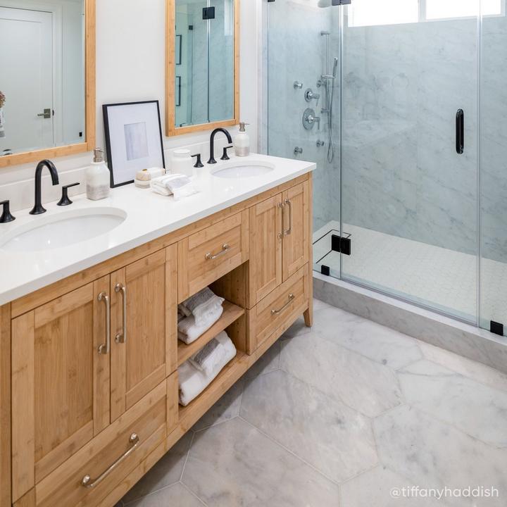 Wabi sabi style bathroom with the 72" Burfield Natural Bamboo Double Vanity, Lentz Widespread Faucet in Matte Black