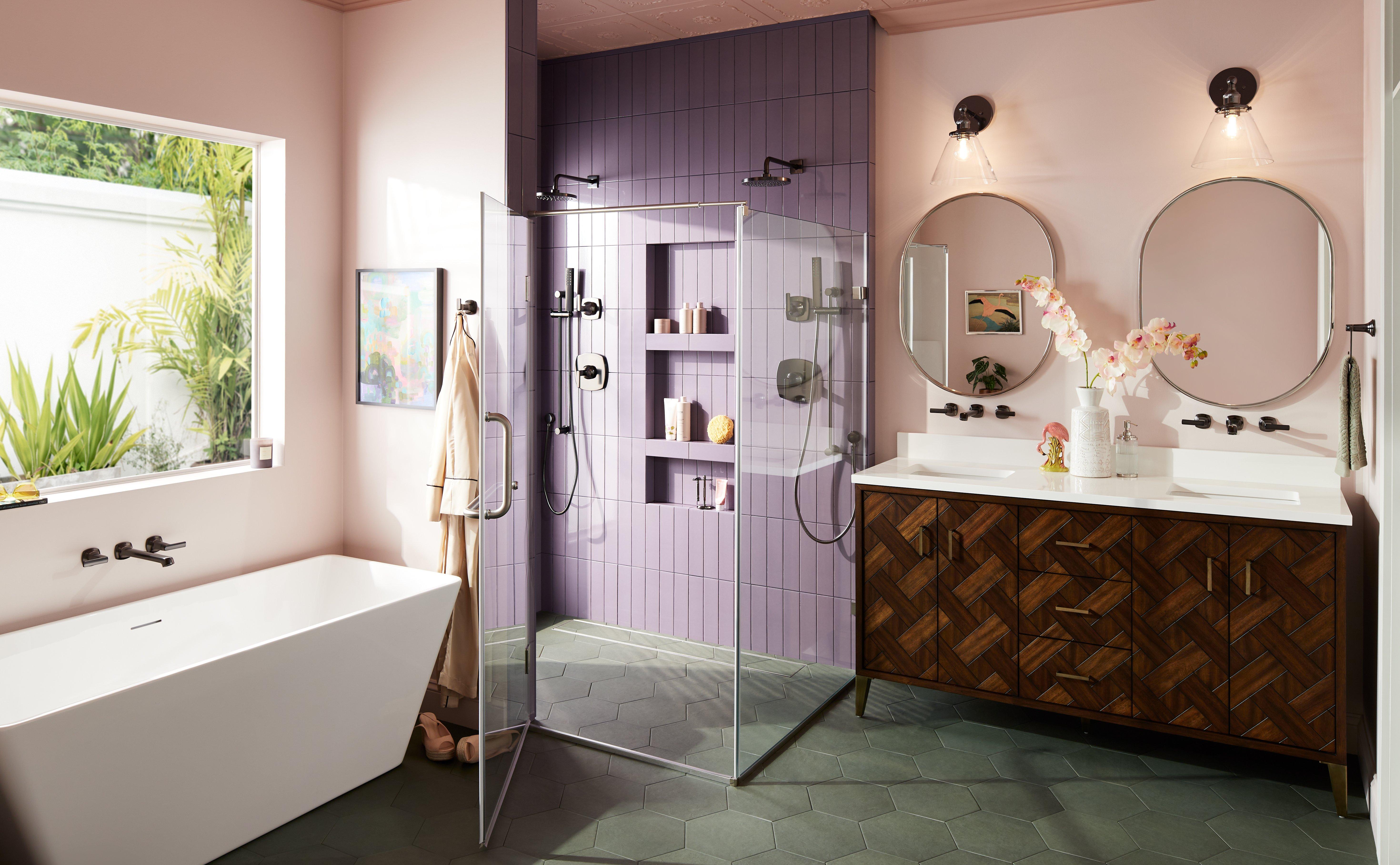 60" Patzi Vanity, Sefina Wall-Mount Bathroom Faucet & Tub Faucet in Gunmetal, Colborne Oval Mirror, Hibiscus Freestanding Tub