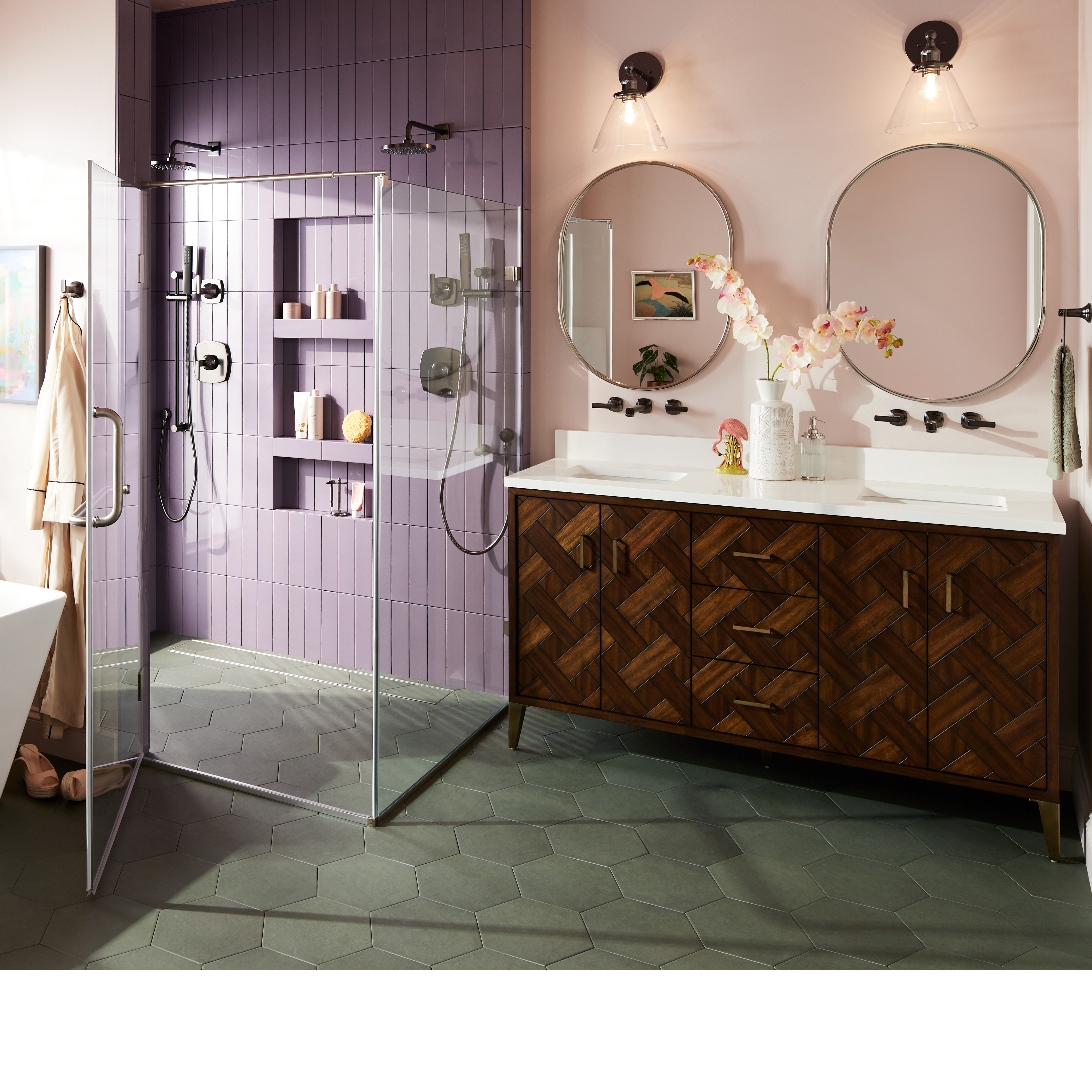 60" Patzi Vanity, Sefina Wall-Mount Bathroom Faucet & Tub Faucet in Gunmetal, Colborne Oval Mirror, Hibiscus Freestanding Tub
