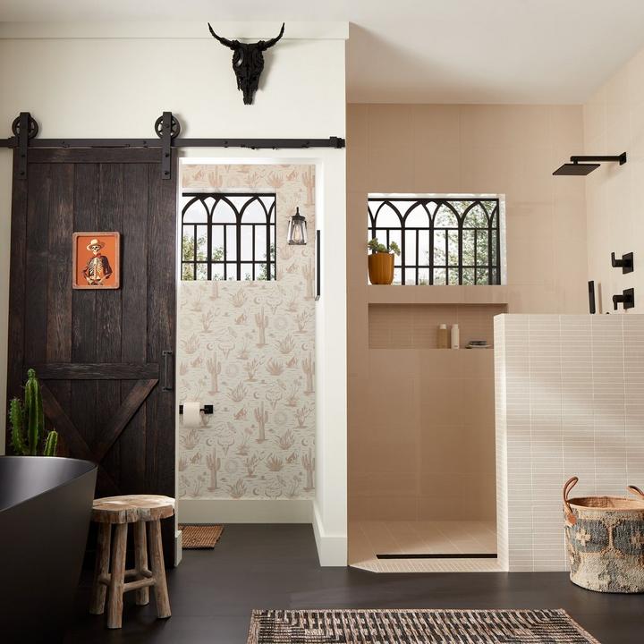 60" Ando Barn Door Hardware, Valden Barn Door Pull, 40" Carmen Linear Shower Drain for western gothic aesthetic