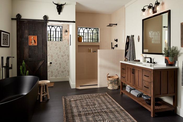 Western gothic bathroom with the 48" Ansbury Vanity, Holmesdale Vanity Mirror, Hibiscus Widespread Faucet in Matte Black