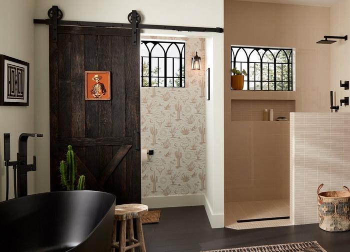 Western gothic bathroom with the Hibiscus Widespread Faucet, Freestanding Tub Faucet, Shower System, Catino Tub in Matte Black