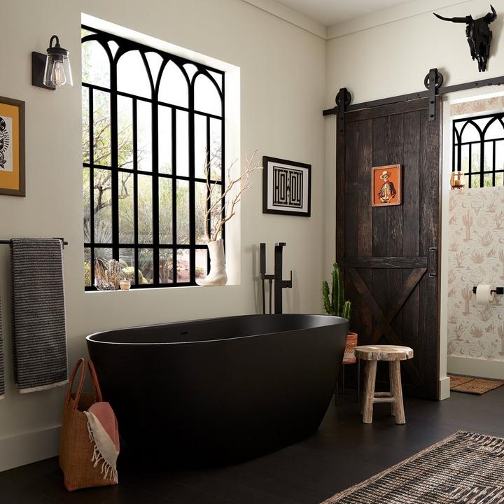 66" Catino Tub, Hibiscus Freestanding Tub Faucet, Toilet Paper Holder in Matte Black, 60" Ando Barn Door Hardware