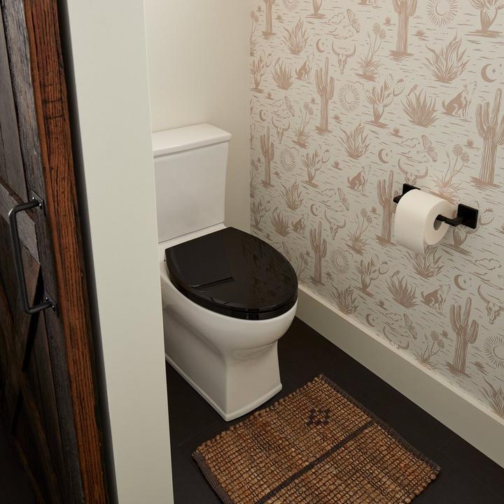 Carraway Two-Piece Toilet with Black Toilet Seat, Hibiscus Toilet Paper Holder in Matte Black for western gothic aesthetic