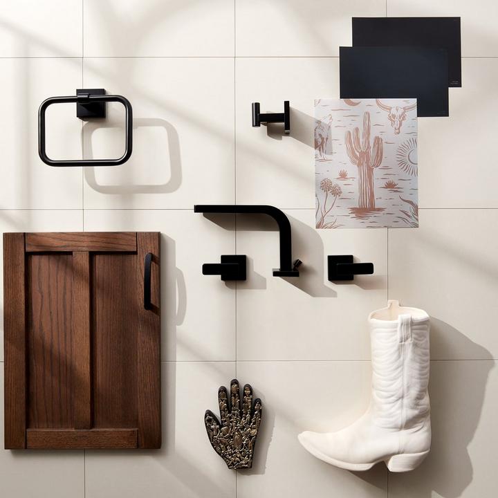 western gothic moodboard featuring the Hibiscus Widespread Bathroom Faucet, Towel Ring, Robe Hook in Matte Black