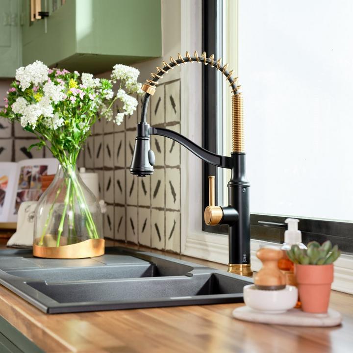 Caribana Single Handle Two Tone Kitchen Faucet in Matte Black & Brushed Gold for wet bar ideas