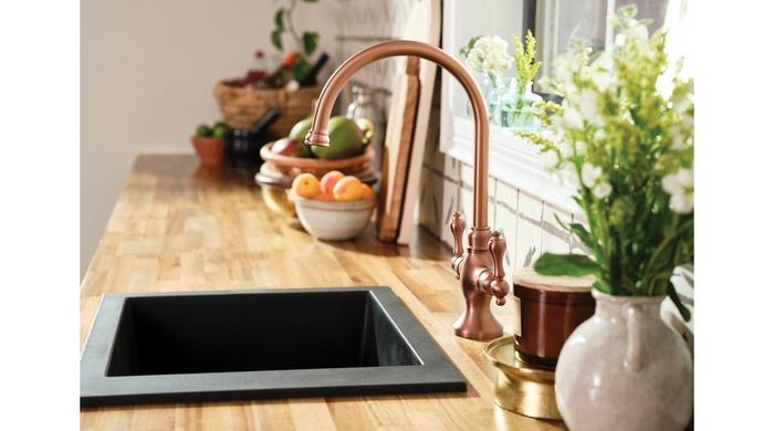 Isabel Single-Hole Gooseneck Bar Faucet in Satin Copper for wet bar ideas